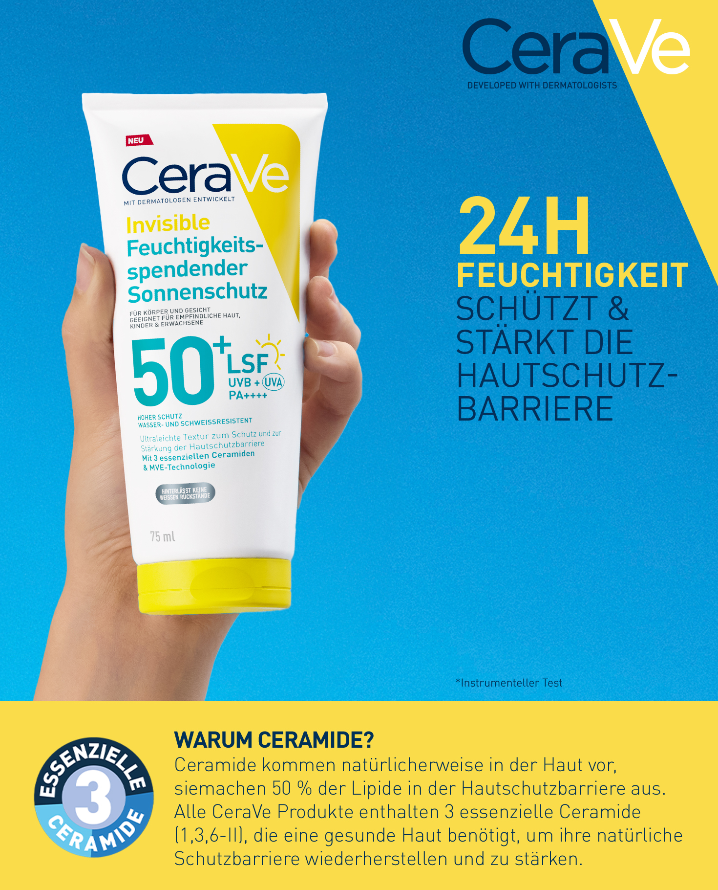 Frau hält CeraVe Invisible Sonnenschutz LSF 50+ Tube. Text: 24H Feuchtigkeit, stärkt die Hautschutzbarriere.